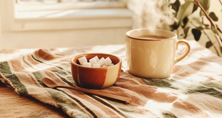 Cinematic shot of sugar cubes on a cozy coffee table setting. The sugar cubes are arranged in a small ceramic bowl with a few scattered on the wooden surface. A steaming cup of coffee sits nearby, alongside a teaspoon. The background features a soft-focus kitchen scene with warm, natural lighting streaming through a window, creating a welcoming and homely ambiance. The overall composition is inviting, clean, and perfect for use in food or lifestyle-themed websites.