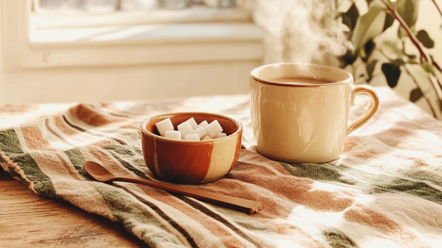 Cinematic shot of sugar cubes on a cozy coffee table setting. The sugar cubes are arranged in a small ceramic bowl with a few scattered on the wooden surface. A steaming cup of coffee sits nearby, alongside a teaspoon. The background features a soft-focus kitchen scene with warm, natural lighting streaming through a window, creating a welcoming and homely ambiance. The overall composition is inviting, clean, and perfect for use in food or lifestyle-themed websites.