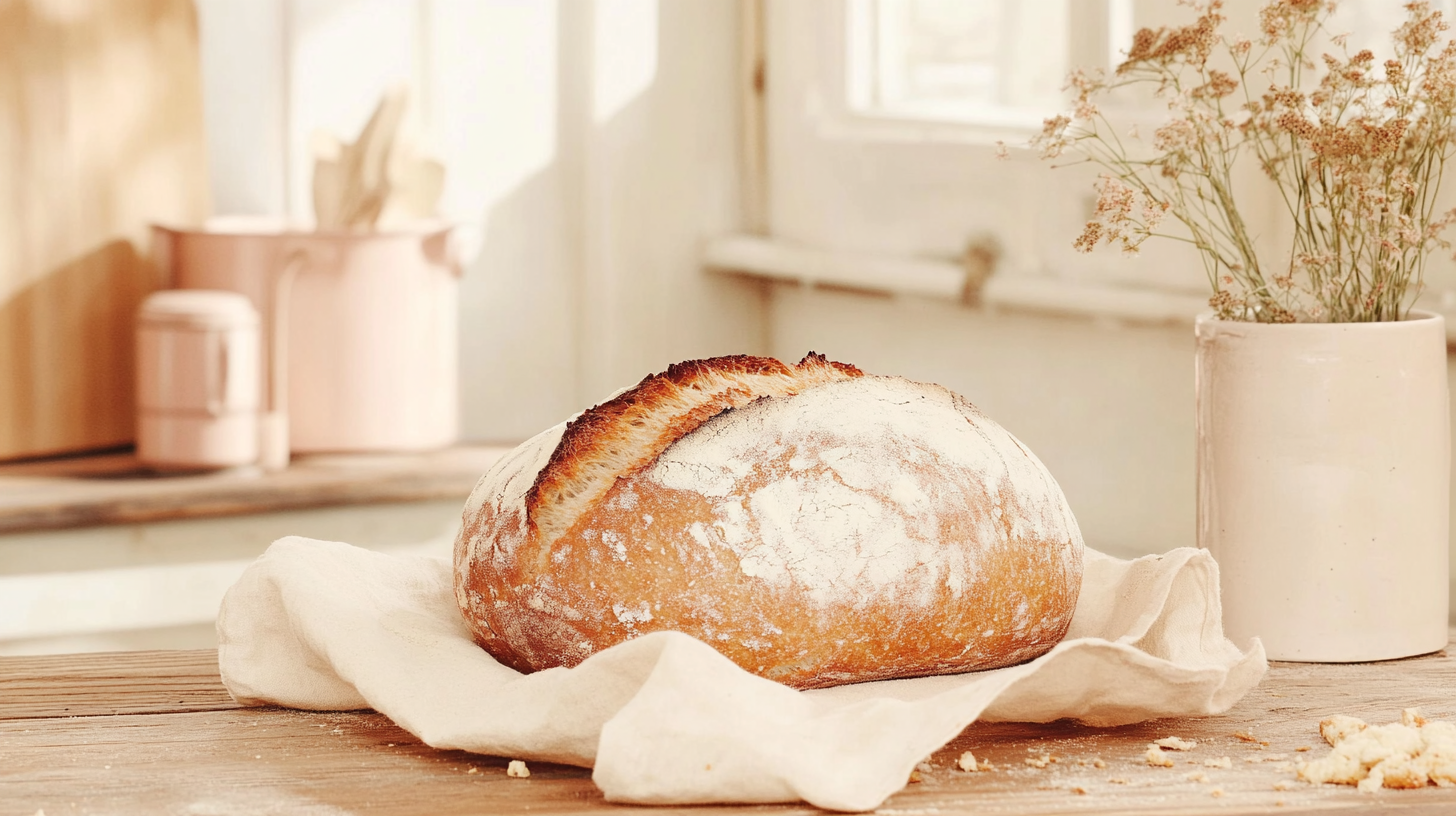 Cinematic shot of a freshly baked loaf of bread placed on a rustic wooden kitchen counter. The bread is golden brown with a crisp crust and soft, fluffy texture, surrounded by scattered crumbs.