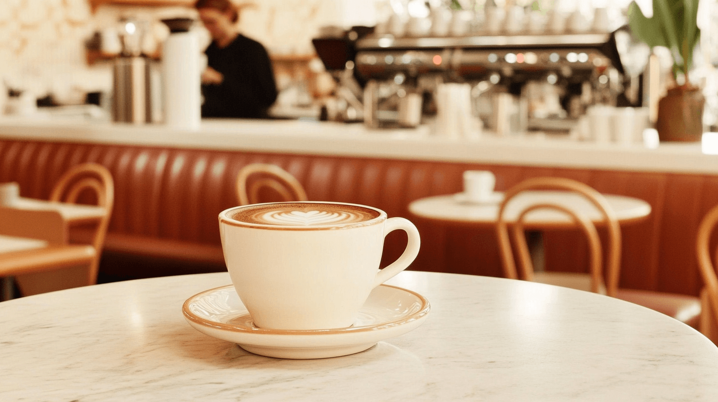 Cinematic shot of a freshly brewed espresso served in a small white cup on a saucer, placed on a polished wooden café table.