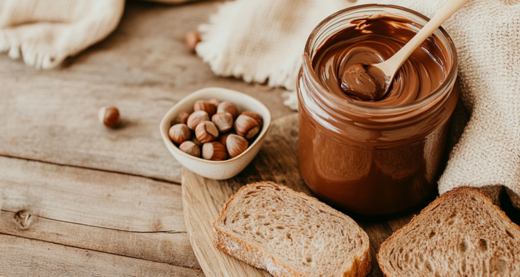 Cinematic shot of a jar of Nutella placed on a rustic wooden kitchen counter. The jar is open, with a spoon dipped into the rich, creamy chocolate spread, creating a swirled texture. Surrounding the jar are slices of fresh bread, some spread with Nutella, and a small bowl of hazelnuts.